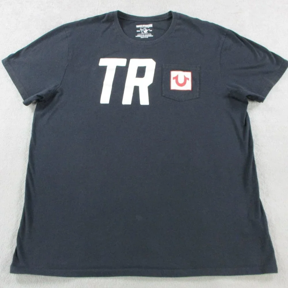 True Religion T Shirt Adult 3XL XXXL Black Pocket Graphic Print Crewneck Cotton
